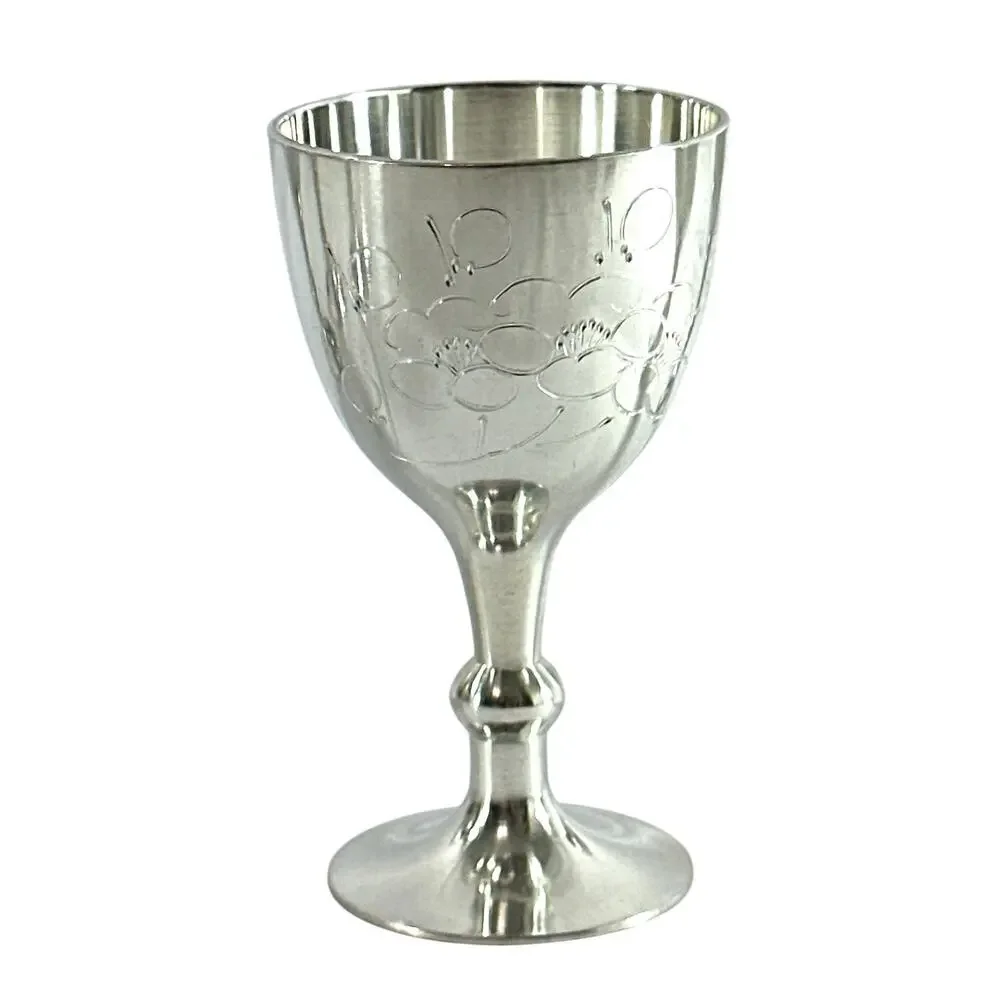 Set of 6 Vintage Stainless Steel Goblets Etched Floral Wine Cups 3” Barware
